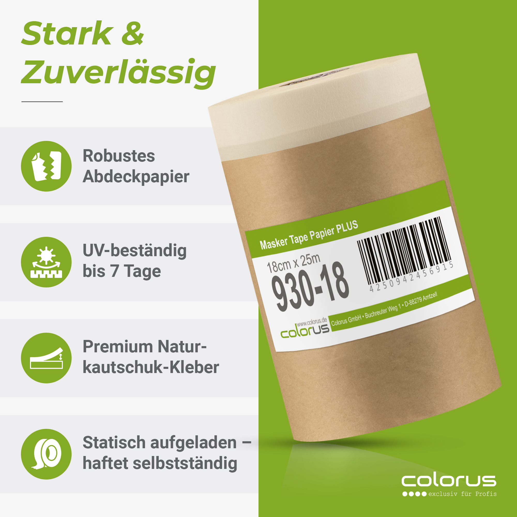 Colorus Premium Papier Masker Tape Abdeckpapier mit Klebeband 18cm x 25m