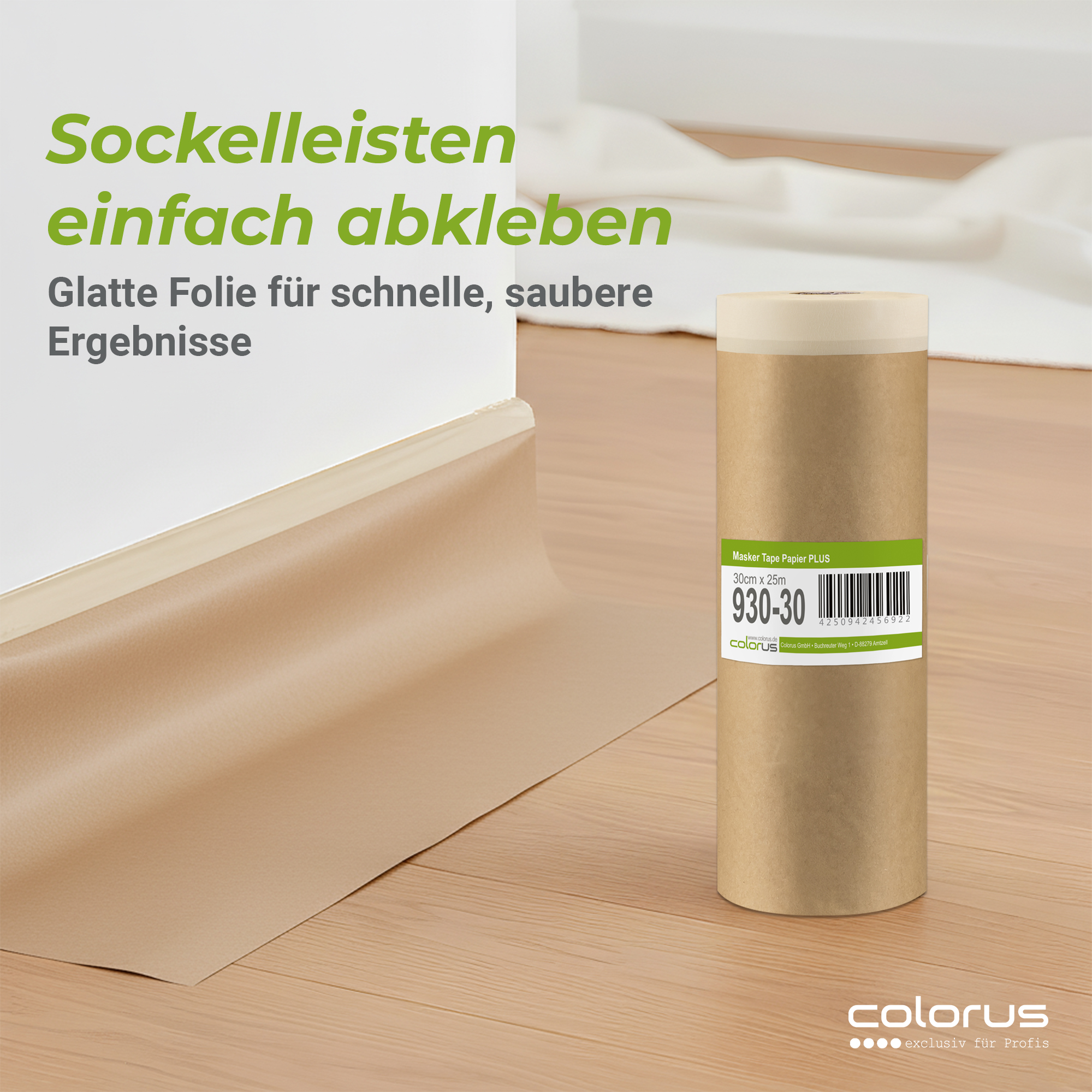 Colorus Premium Papier Masker Tape Abdeckpapier mit Klebeband 30cm x 25m