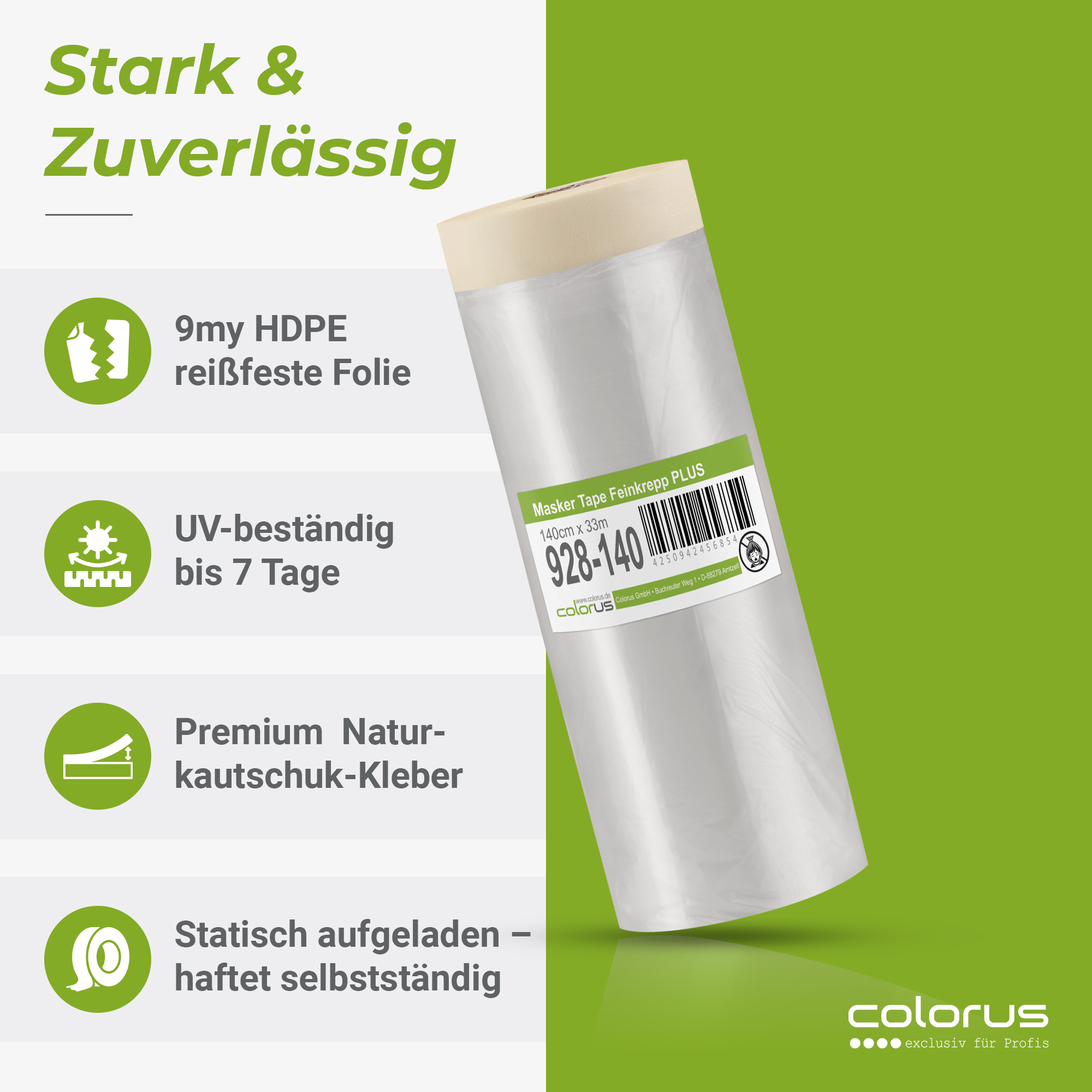 Colorus Premium Folien Masker Tape Kreppband mit Abdeckfolie 140cm x 33m