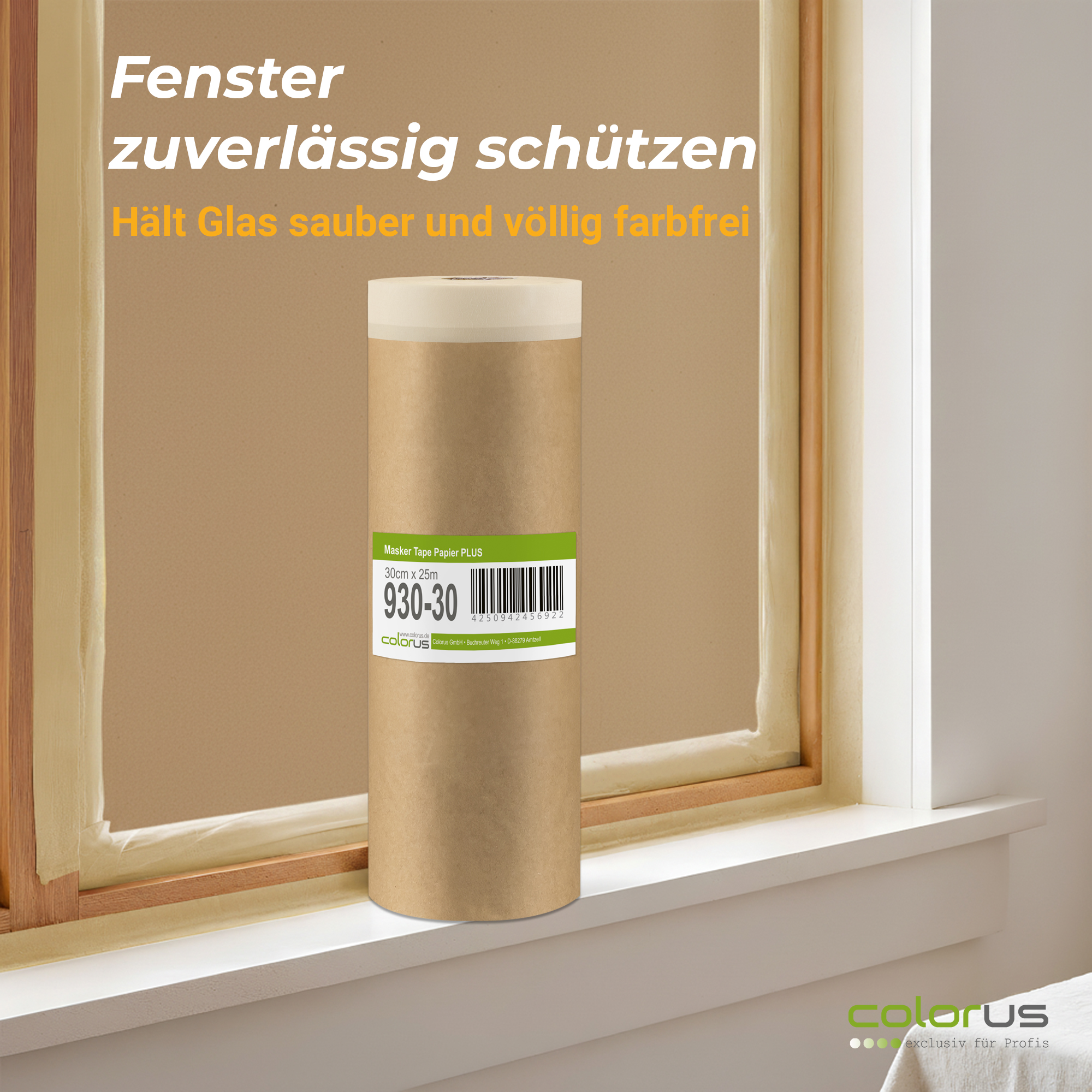 Colorus Premium Papier Masker Tape Abdeckpapier mit Klebeband 30cm x 25m