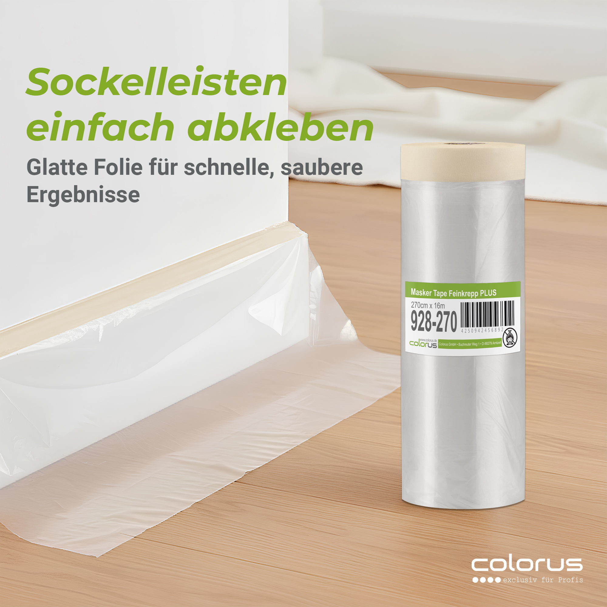 Colorus Premium Folien Masker Tape Kreppband mit Abdeckfolie 270cm x 16m