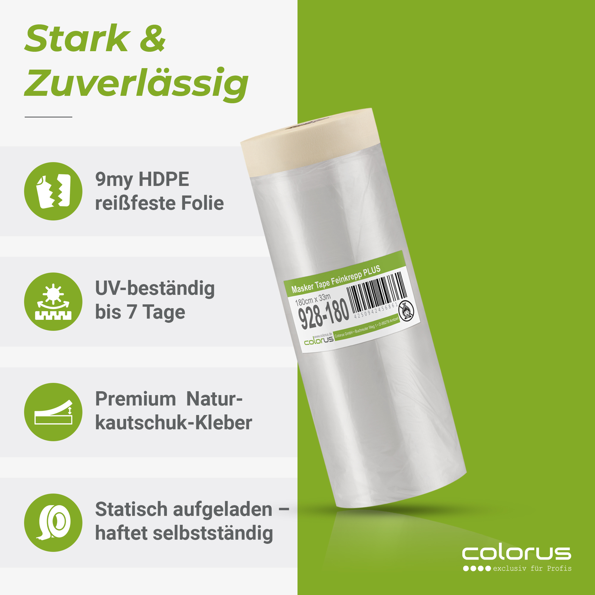 Colorus Premium Folien Masker Tape Kreppband mit Abdeckfolie 180cm x 33m