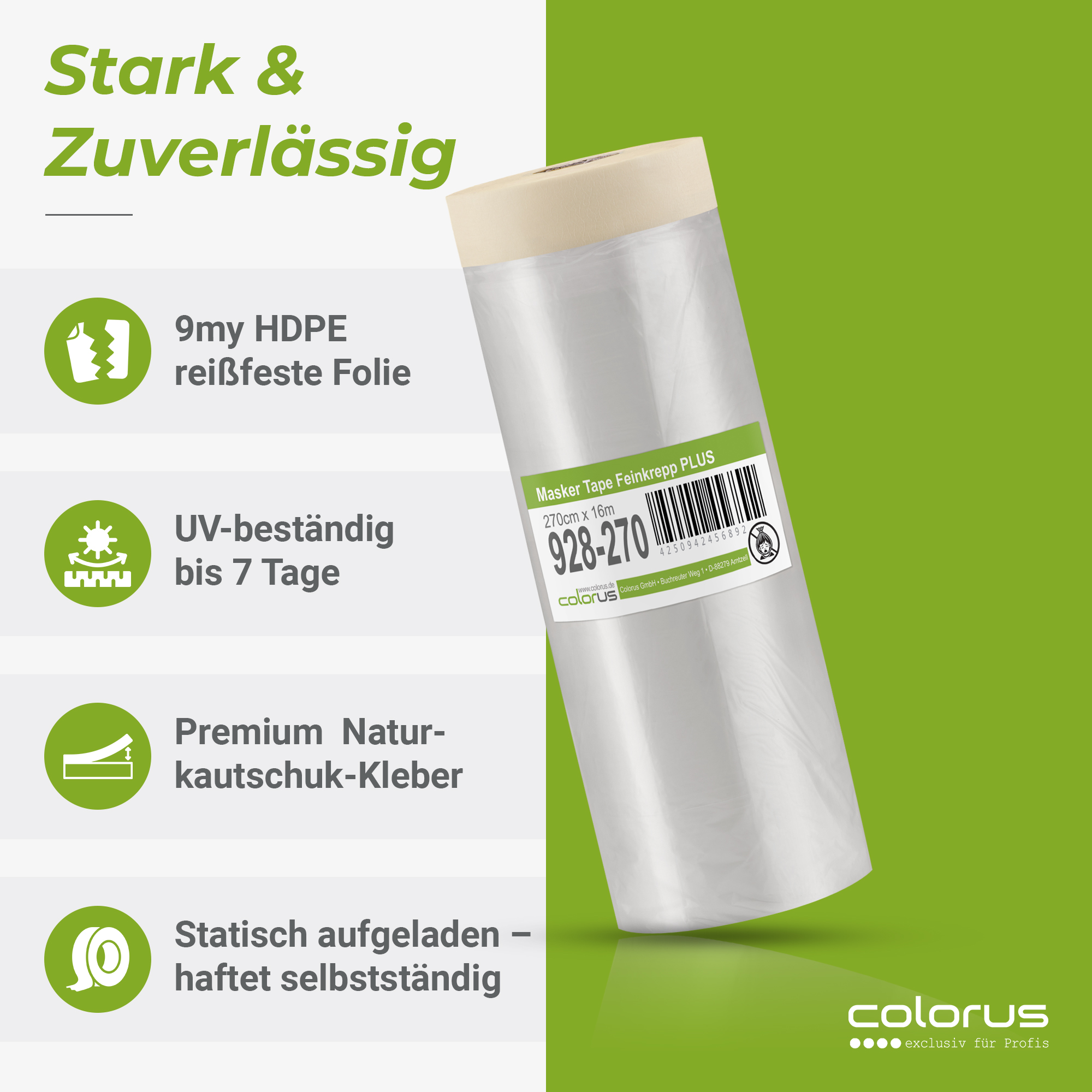 Colorus Premium Folien Masker Tape Kreppband mit Abdeckfolie 270cm x 16m