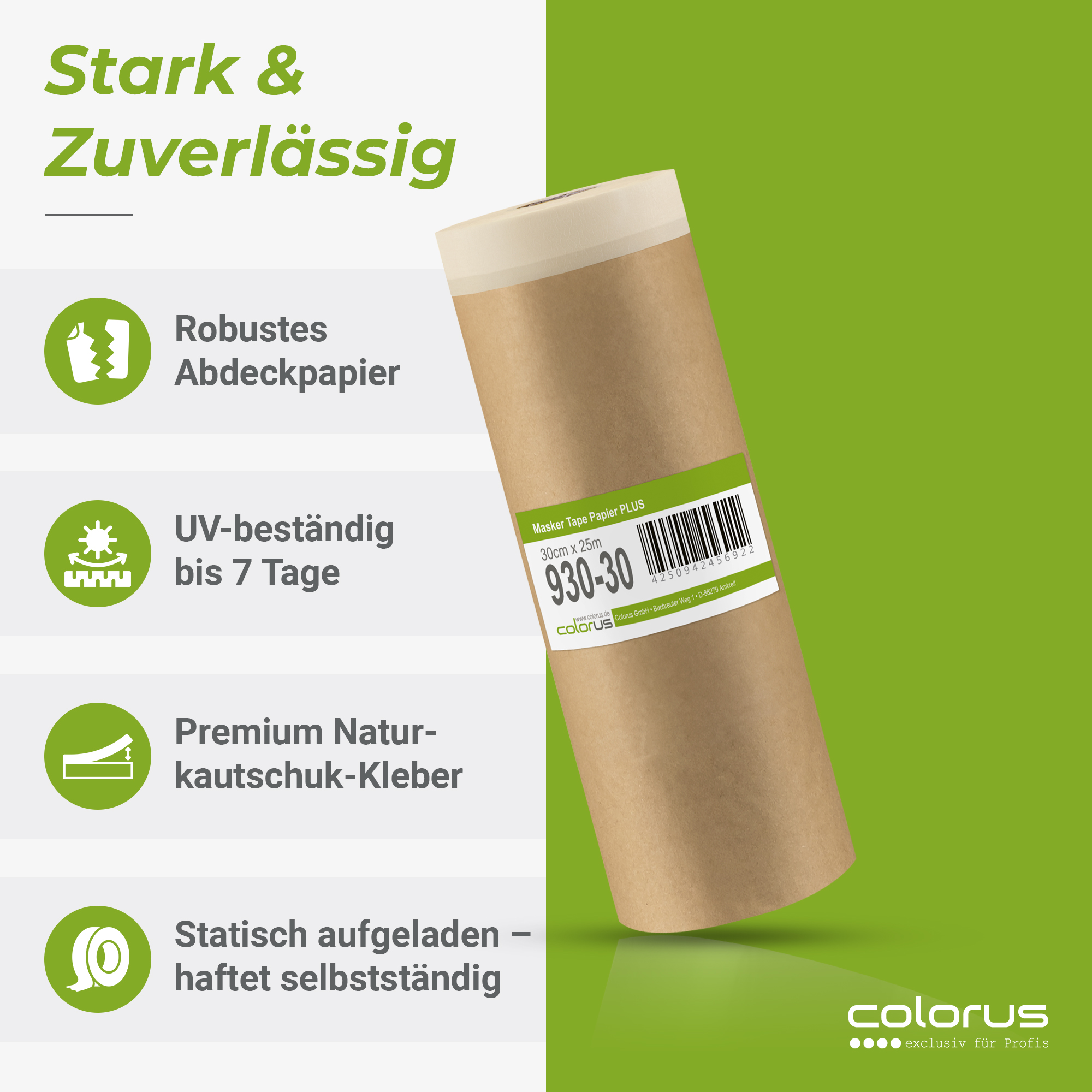 Colorus Premium Papier Masker Tape Abdeckpapier mit Klebeband 30cm x 25m