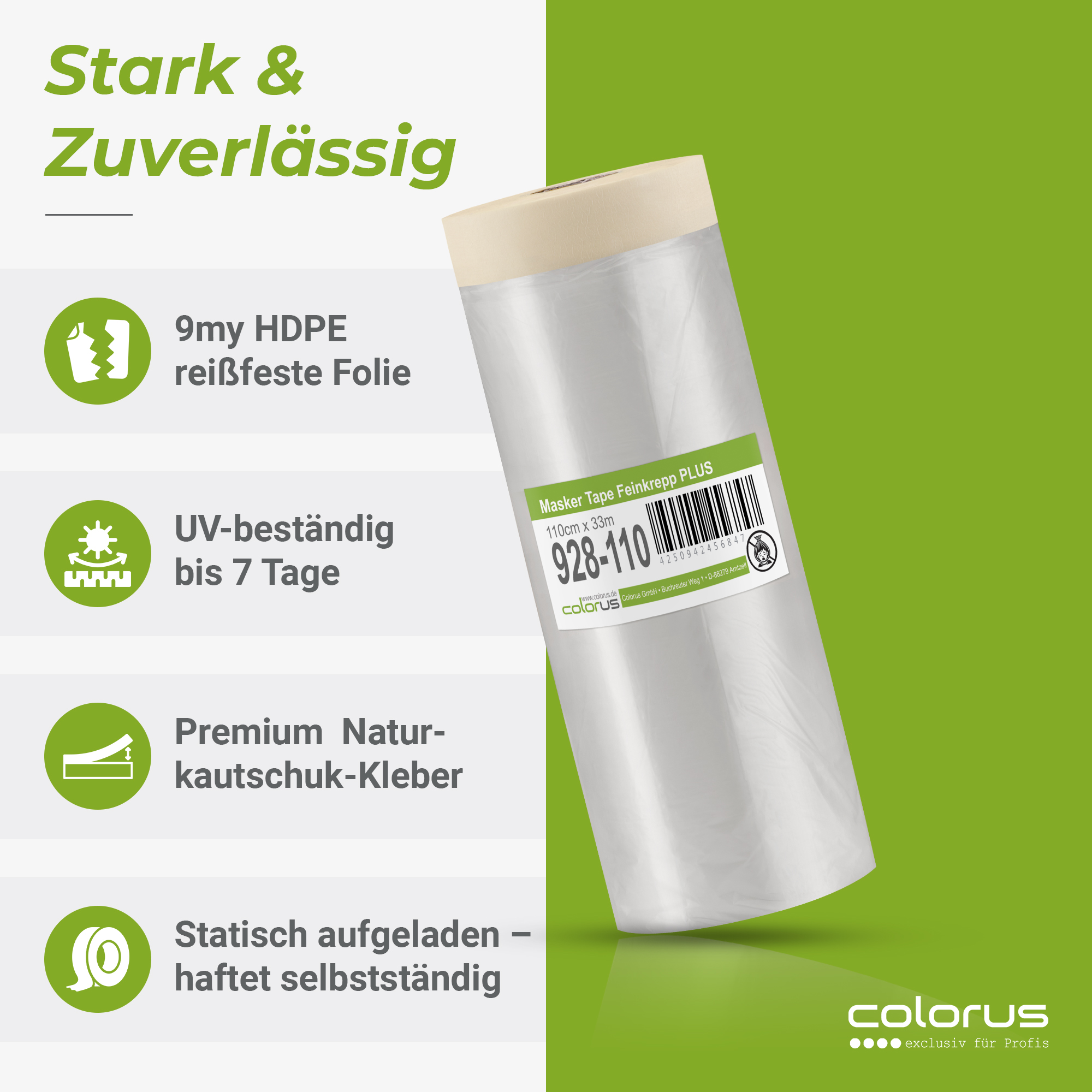 Colorus Premium Folien Masker Tape Kreppband mit Abdeckfolie 110cm x 33m